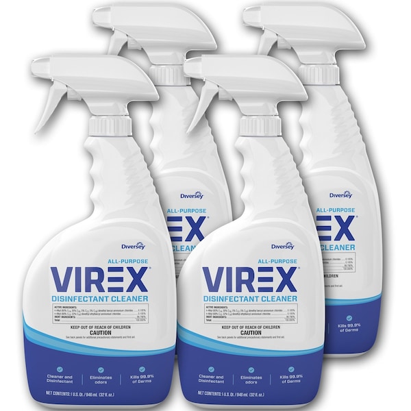 Diversey All-Purpose Virex Disinfectant Cleaner, 32 fl oz (1 quart) Spray Bottle, Citrus, Clear, 4 PK DVOCBD540540 - main